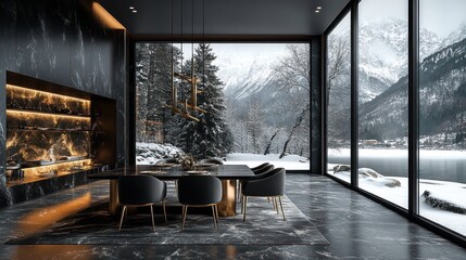 Modern luxury dining room with panoramic winter mountain and lake view, featuring black marble, gold accents, and elegant contemporary design.