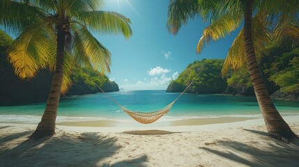 Idyllic tropical beach scene with a woven hammock suspended between two palm trees, offering a serene view of a calm blue ocean, lush green hills, and a bright, sunny sky, perfect for a relaxing vacat