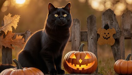 Naklejka premium A charming black cat sits near carved pumpkins on a rustic wooden fence during autumn evening