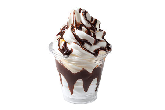 Soft Serve Ice Cream Sundae with Chocolate Syrup in Plastic Cup isolated on white transparent background