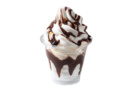 Soft Serve Ice Cream Sundae with Chocolate Syrup in Plastic Cup isolated on white transparent background