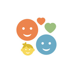 A cheerful illustration depicting a family unit with two adults and one child, surrounded by hearts symbolizing love and happiness.