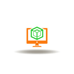 Vector illustration of computer with 3d cubes. Symbol of BIM Building Information Modeling. Icon of BIM Software Designing Construction Technology.