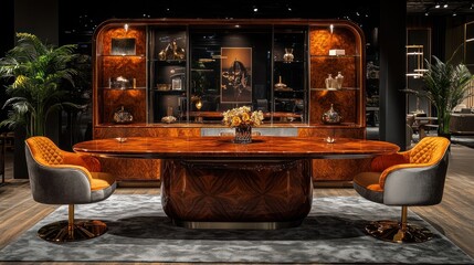 Obraz premium Elegant Interior Showcasing a Polished Wooden Oval Table, Quilted Velvet Chairs, and a Grand Display Cabinet in a Luxurious Setting