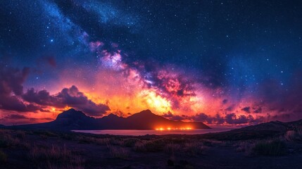 Obraz premium Vibrant Milky Way and Starry Night Over Majestic Mountains and Luminous Coastline