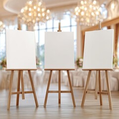 Three blank canvases on wooden easels stand in a elegant, blurred ballroom setting.  The scene is softly lit, suggesting a wedding or special event