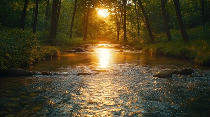 Fototapeta premium Golden Hour Glow on a Winding Forest Stream with Shimmering Water and Lush Green Trees, Creating a Radiant and Serene Woodland Landscape