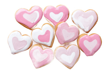 Fototapeta premium Heart cookies with pink and white icing, isolated on white transparent background