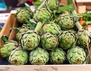 Obraz premium Fresh artichokes in a wooden crate
