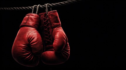 A pair of vintage red leather boxing gloves hang from a thick rope against a stark black backdrop, subtly lit to emphasize texture and detail