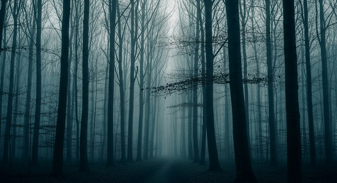 Misty forest path, dark teal trees, shrouded in fog, creating a mysterious and atmospheric scene, ideal for fantasy or thriller concepts