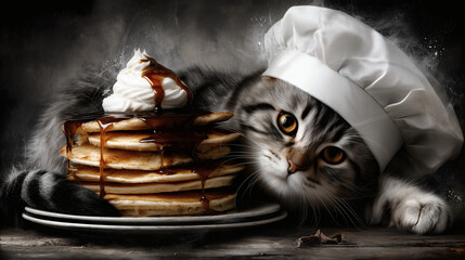 Cute tabby cat in chef hat beside pancake stack with syrup and whipped cream, cozy rustic food scene
