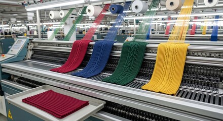 Automated knitting machine producing colorful knitted textiles in a factory setting with various yarn colors and finished products