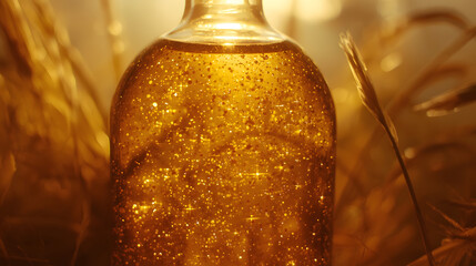 Amber glass bottle filled with microscopic glittering particles suspended in a translucent liquid, illuminated by soft warm sunlight that filters through the glass, casting a mystical glow and creatin