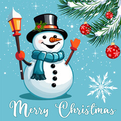 Postcard with New Year decorations.Vector illustration for Christmas and New Year with a big cheerful snowman and balls on coniferous branches.
