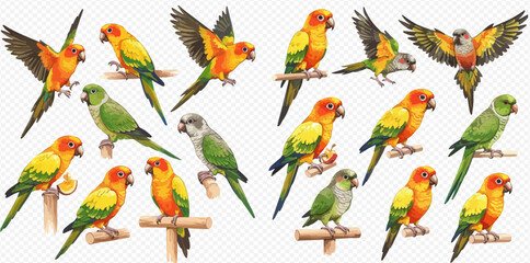 A set of colorful Sun Conure and Quaker parrot illustrations in various poses, including perching on branches and flying. © studio