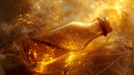 Amber glass bottle filled with microscopic glittering particles suspended in a translucent liquid, illuminated by soft warm sunlight that filters through the glass, casting a mystical glow and creatin