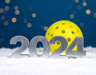 Silver 2024 numerals on snow with a yellow paddle ball