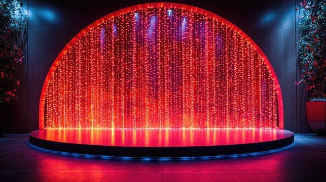 Modern Semi-Circular Stage with Red String Light Curtain and Blue Illumination for Elegant Events