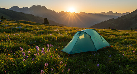 Green dome camping tent pitched in a grassy mountain meadow with purple wildflowers and a beautiful sunrise over the peaks for summer alpine adventure and solitude.
