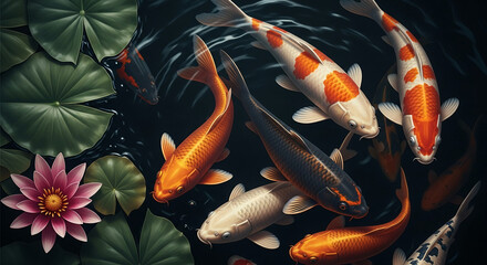Koi fish swim in dark water among lily pads and a lotus flower, creating a serene aquatic scene symbolizing peace, harmony, and good fortune