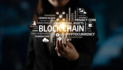 This image features a hand holding a glowing representation of blockchain technology, highlighting key concepts like cryptocurrency, digital assets, and smart contracts against a dark backdrop. Tessel