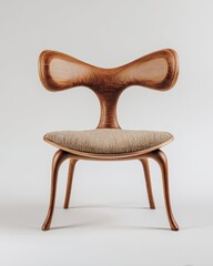 A modern, sculpted wooden chair with a unique, organic form features a gently curved back and seat, supported by four elegantly shaped legs, and upholstered with neutral-toned fabric
