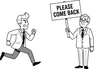 Businessman running away, colleague holding sign saying please come back, cartoon style, corporate conflict, humorous office scene, black and white illustration