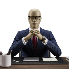 Mannequin in business suit sitting at desk with laptop isolated on transparent background