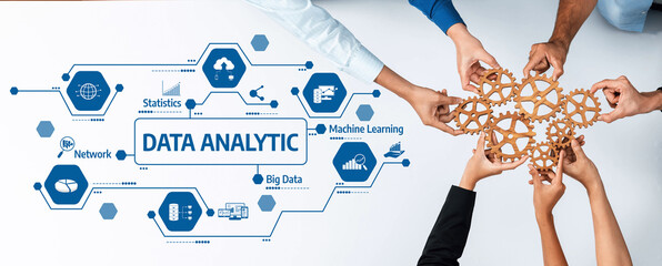 A visually engaging concept showcasing teamwork in data analytics, featuring diverse hands collaborating over technology icons and data-driven elements. Amity