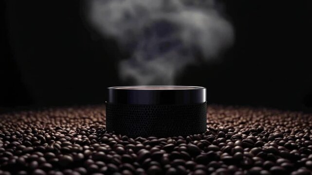 Black cylindrical object steaming, surrounded by coffee beans against a dark background