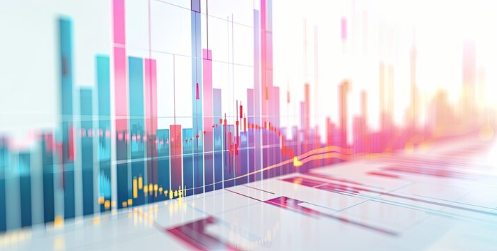Abstract image of vibrant multicolored bar and line graphs suggesting financial growth or market trends, displayed on a digital screen or printout