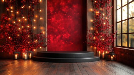 Enchanting Red Stage with Festive Fairy Lights, Candles, and Berries for Holiday Celebrations and Elegant Product Showcases