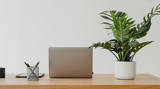 A lush green plant in a white pot stands beside a closed laptop on a wooden desk, with a pen holder and tablet nearby