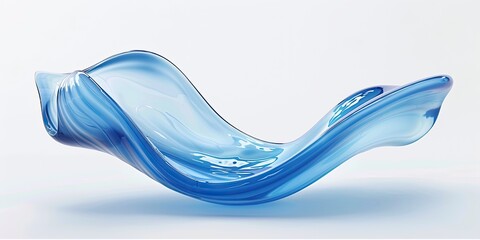 A digitally rendered, translucent blue wave form, elegantly curved and flowing, rests against a minimalist white backdrop
