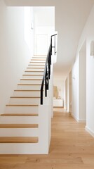 Light-filled interior showcasing a minimalist staircase with light wood steps and a sleek black metal railing, leading to a bright hallway with light wood flooring