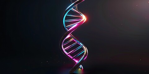 A digitally rendered DNA double helix, glowing with vibrant pink and blue light against a dark background, suggesting concepts of science, genetics, or biotechnology