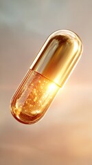 Fototapeta premium A digitally rendered, golden capsule filled with sparkling, golden particles floats against a soft, hazy sunset backdrop. The capsule is highly reflective, catching the light