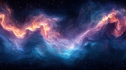 Vibrant Cosmic Nebula Landscape: Panoramic View of Glowing Gas and Star Clouds in Fiery , Purple, and Deep Blue