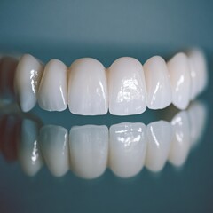 Close-up of a pristine, artificial dental bridge reflecting on a dark surface, showcasing its realistic pearly white color and smooth, polished finish