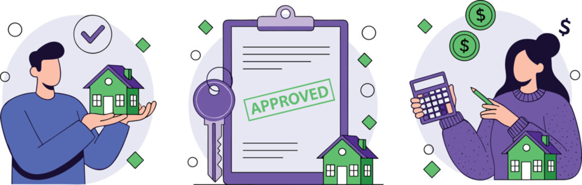 Home loan approval illustration, mortgage agreement, real estate investment, property purchase, financial planning, house buying process, credit approval, loan application