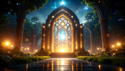 Illuminated Archway in Forest Clearing at Night with Path Leading to Light