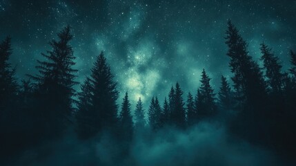 Obraz premium Mystical Teal Starry Night: Silhouetted Pine Trees Rise from Ethereal Fog in a Tranquil Forest Landscape
