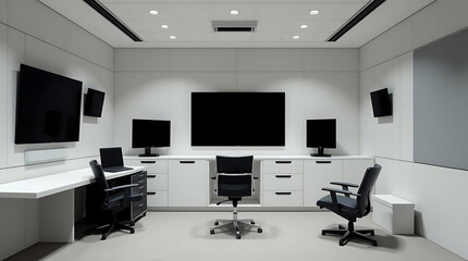 A modern and minimalist conference room with screens, furniture, and equipment for meetings