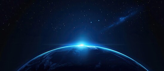 A vibrant blue Earth viewed from space, sunlight illuminates the horizon, stars twinkle in the dark backdrop
