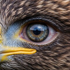 A detailed close-up captures the intricate textures and vibrant colors of an eagle's eye, showcasing the intricate details of the iris and surrounding feathers.