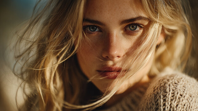 Stunning blonde woman with blue eyes and freckles, close up portrait