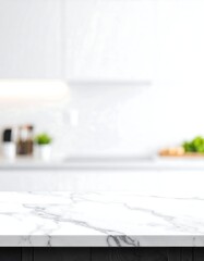 Blurred white kitchen, marble countertop