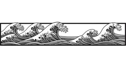 Majestic black and white waves crashing in a dynamic, artistic Japanese style border © Ahsan