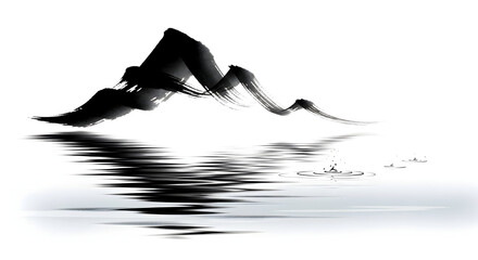 Serene ink wash mountains reflected in tranquil water with delicate ripples, evoking peace